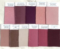 the swatches are all different shades of pink, purple, and brown color palettes