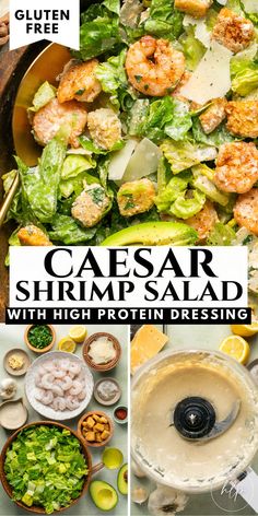 a tall pin with an up close image of the shrimp Caesar shrimp salad with an ingredient shot and the homemade Caesar salad dressing Shrimp Caesar Salad, Salad For Summer, Seasoned Shrimp, Great Salad Recipes, The Perfect Salad, Shrimp Salad Recipes, Perfect Salad, Caesar Salad Recipe, Shrimp Seasoning