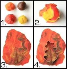 four pictures showing how to make leaf shapes with acorns and leaves on them