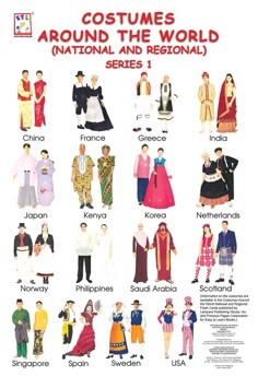 an advertisement for costumes around the world, including men and women in traditional clothing from around the world