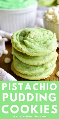 stack of pistachio pudding cookies with text overlay