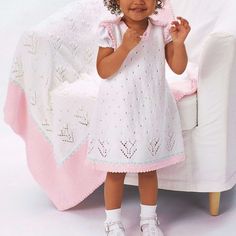 Free Intermediate Knit Set Pattern For KidsBeautiful dress and matching blanket with a lacy tulip pattern. Shown in Patons Grace.Material NotesDon’t forget to pick up the finishing touches for your project! Take a look at the list of supplies you’ll need that aren’t included in your kit. Kit does not include: Sizes 3.25 mm (U.S. 3) knitting needles. Sizes 3.25 mm (U.S. 3) circular knitting needles 36 ins [90 cm] long or sizes needed to obtain tension. 2 buttons and 4 small metal snap fasteners for Dress. Lace Dress Pattern, Baby Layette Set, Baby Dress Pattern, Knit Baby Dress, Baby Knitting Patterns Free, Layette Set, Baby Blanket Knitting Pattern, Tulip Dress, Blanket Knitting Patterns