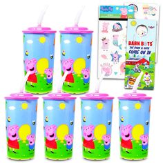 the peppa pig cups are lined up with stickers