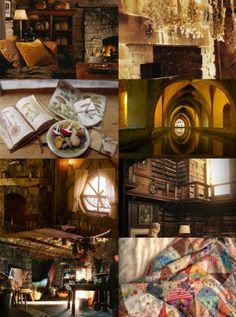 there are many different pictures in this collage, including books and other things on the table