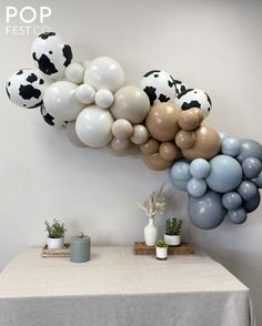 a table topped with lots of balloons next to a cow head wall mounted on the wall