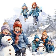 a group of children playing in the snow with a snowman and another child running behind them