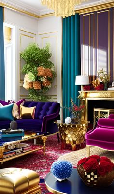 a living room filled with purple and gold furniture