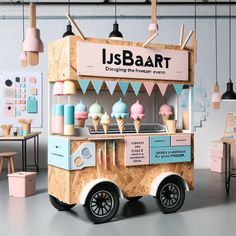 an ice cream cart is decorated with pastel colors