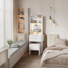 a bedroom with a bed, desk and shelves in it's corner next to a window