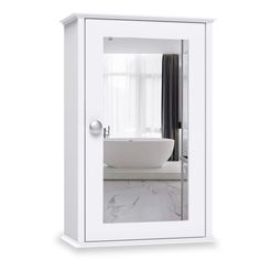 a white bathroom cabinet with a mirror on the door and a bathtub in it