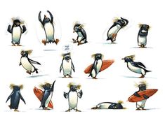 some penguins with surfboards in their hands