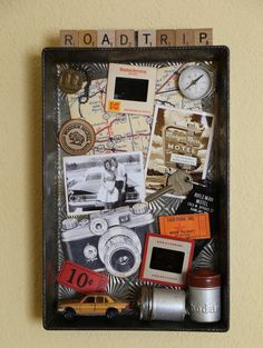 a wall mounted display with various items on it and the words road trip written in large letters