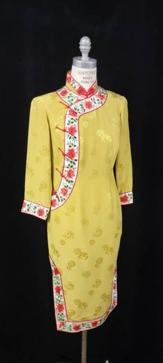 Beautiful, embroidered Cheongsam dress. The fabric is a beautiful embossed chartreuse silk with a colorful embroidered trim. This style of dress is still popular today! Many of these were made available for the tourist trade. And are often custom made, as this one is. There is a pink and orange one also listed. Perfect for a bridal party or ???? Measurements ~ Shoulders 16 inches, Sleeve 18 inches, Bust 36 inches, Waist 30 inches, Hip 36 inches, and Length is 42 inches. Condition is very good wi Silk Traditional Dress, Flowers Colorful, Lake Elsinore, The Tourist, Embroidered Trim, Cheongsam Dress, Sin City, Traditional Dress, Cheongsam