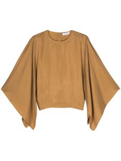 camel brown twill weave cape design round neck half-length wide open sleeves internal logo tag straight hem concealed rear zip fastening Cape Designs, Open Sleeves, Open Sleeve, Sleeves Blouse, Twill Weave, Blazer Vest, Logo Tag, Top Designer Brands, Short Leggings