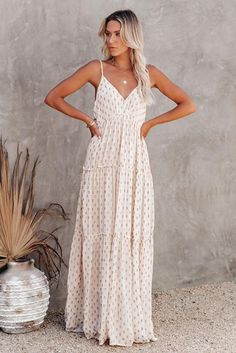 Beige Pattern Print Tiered Ruffled Spaghetti Strap V Neck Maxi Dress Beige Sundress With Spaghetti Straps And Ruffles, Summer Maxi Dress With Ruffle Hem And Spaghetti Straps, Beige Maxi Dress With Spaghetti Straps And Ruffles, Beige Spaghetti Strap Maxi Dress With Ruffles, Casual Maxi Dress With Spaghetti Straps And Ruffles, Trendy Maxi Dresses, V Neck Maxi Dress, Beige Pattern, Maxi Dress Pattern