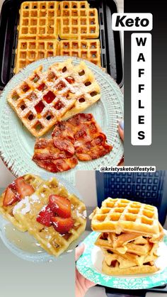 waffles, bacon and strawberries on a plate with the words keto waffles above them