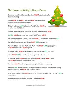 the christmas left / right game poem worksheet is shown in red and green