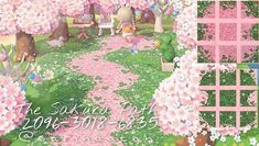 an image of a garden with flowers and animals in the background, as well as text