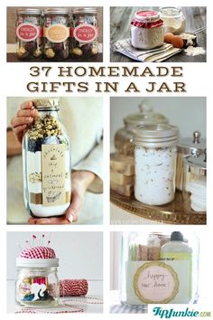 some jars with different items in them and the words 31 homemade gifts in a jar