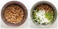 two pictures showing the process of making meat and onions