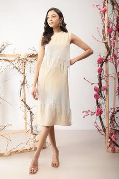 Shop for Nayantara Couture Off White Viscose Crepe Edna Embroidered Dress for Women Online at Aza Fashions White Festive Dresses With Tassels, Festive White Dresses With Tassels, Festive White Dress With Tassels, Fringe Embroidery, Off White Dresses, High Neck Sleeveless, Pattern Embroidery, Green Outfit, Beaded Fringe