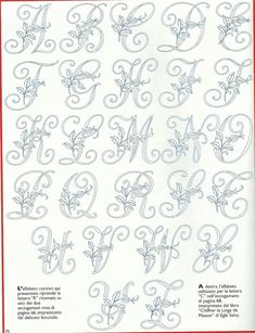 an image of the letters and numbers that are drawn in embroidery on white paper with red border