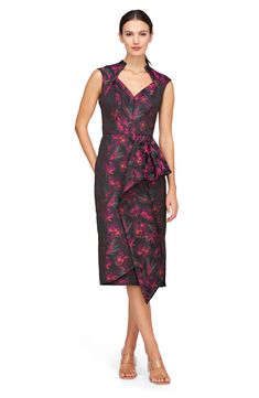 Be the belle of the ball in this sophisticated midi cocktail dress showcasing a lovely portrait neck and beautiful folds from the waist to the asymmetric hem. 42 1/2" length (size 8) Hidden back-zip closure Queen Anne neck Cap sleeves Lined 100% polyester Dry clean Imported Formal Pre-draped Knee-length Midi Dress, Elegant Floral Print Midi Dress For Party, Elegant Floral Midi Dress For Parties, Elegant Floral Print Tea-length Midi Dress, Pre-draped Knee-length Evening Midi Dress, Floral Print Midi Dress For Gala, Elegant Tea Length Floral Midi Dress, Chic Floral Print Formal Evening Dress, Asymmetrical Midi Dress With Fitted Bodice For Cocktail