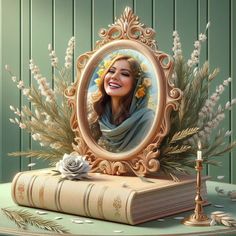 a painting of a woman with flowers in her hair is on top of a book