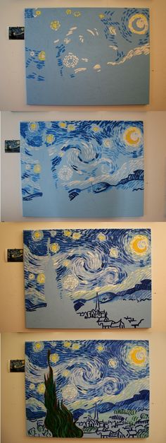 four paintings with different colors and designs on them, each one has an image of the starr