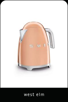 an orange toaster with the words smeg on it's front and side