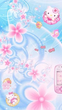 a hello kitty wallpaper with pink flowers and butterflies on blue background, as well as an image of a cell phone