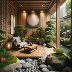 a room with rocks and plants in the center, along with a wooden deck that leads to an outdoor sitting area