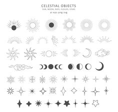 celestial objects are shown in black and white, including the sun, moon and stars