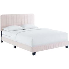 a bed with white sheets and pillows on top of it's headboard, in front of a white background