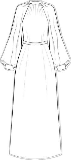 a line drawing of a dress with long sleeves and a collared neckline, on a white background