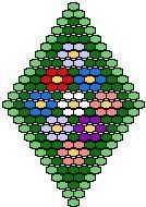 an image of a cross stitched christmas tree ornament in red, green, blue, yellow and purple