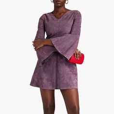 purple suede leather mini dress with flared sleeves and mini length has a v neck and looks Mini Leather Dress, Elegant Theme, Elegant Themes, Purple Suede, Suede Dress, Leather Outfit, Purple Fashion, Women Leather, Leather Dress