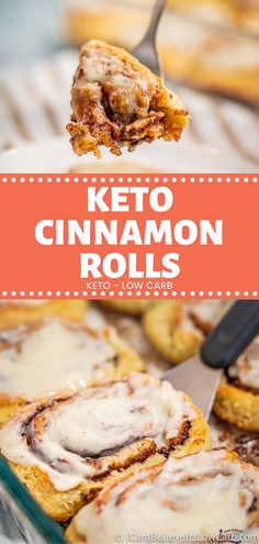 keto cinnamon rolls on a plate with a fork and text overlay that reads keto cinnamon rolls