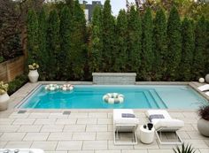 an outdoor swimming pool with lounge chairs and potted plants next to it, surrounded by greenery