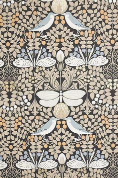 an intricately designed wallpaper with birds and flowers