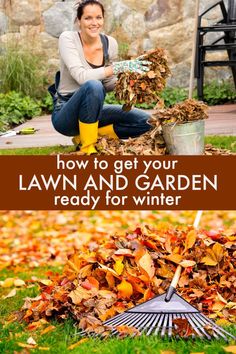 a woman kneeling down in the grass with leaves and rakes on her feet, next to a pile of autumn leaves