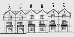 an architectural drawing of the front and side of a building with three storyed houses