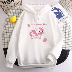 Color: White, Size: 4XL Kpop Strawberry, Cow Hoodie, Kawaii Strawberry, Womens Oversized Hoodie, Strawberry Cow, Hoodie Cozy, Cute Strawberry, Bear T Shirt, Oversized Hoodie