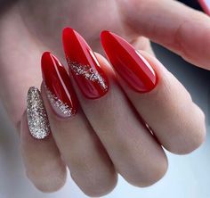 Red And Silver Nails, Line Nail Designs, Red Nail Art, Special Nails, Fall Gel Nails, Christmas Gel Nails, Lines On Nails, Short Acrylic Nails Designs, Nail Designs Glitter