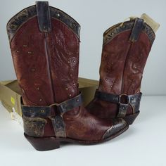 Bed Stu Boots Cisalpine Style Cowboy Boots Western Theme W Harness Straps Heavily Distressed Leather Weathered Hardware For Vintage Look Beautiful Leatherwork Riveted Toe Cap Leather Upper And Lining About 1.25” Heel Handcrafted, Bench Made In Mexico Brand New In Box (Sans Lid) Pricing Is Fair And Quite Firm For The High End Item . Please Let Us Know If You Have Any Questions. Style Cowboy Boots, Bed Stu Boots, Leather Western Boots, Boots Western, Bed Stu, Western Theme, Western Leather, Distressed Leather, Cowgirl Boots