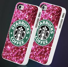 two iphone cases with the starbucks logo on them, one is silver and the other is black