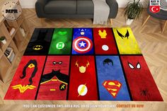 the rug is designed to look like superheros