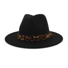 Wide Brim Felt Fedora Panama Hat with Leopard-printed Hatband-Hats-Innovato Design-Black-Innovato Design Fedora Hat Women, Fedora Hats, Wooden Sunglasses, Felt Fedora, Hat Stands, Latest Shoe Trends, Wearing A Hat, Shoes Outlet, Hat Band