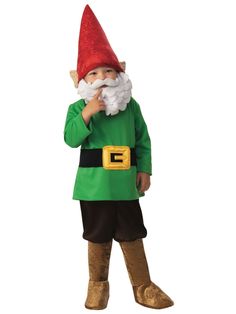 a little boy dressed in a green gnome costume