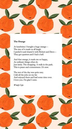 an orange with green leaves on it and a poem written in the bottom right corner